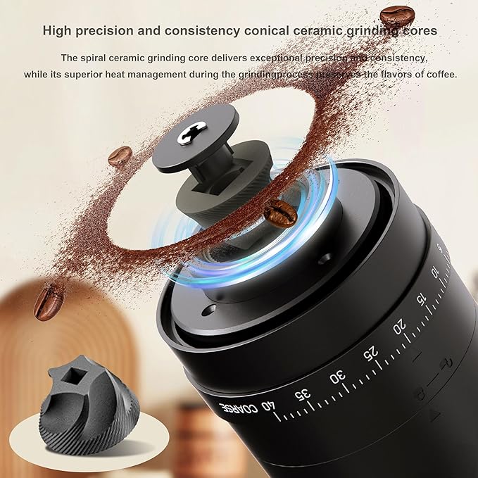 Portable Battery Powered Burr Coffee Grinder with 40 Adjustable Settings and 35g Capacity, 1800mAh Rechargeable Coffee Bean Grinder with Conical Ceramic Burr for Travel, Camping, Office, Espresso etc