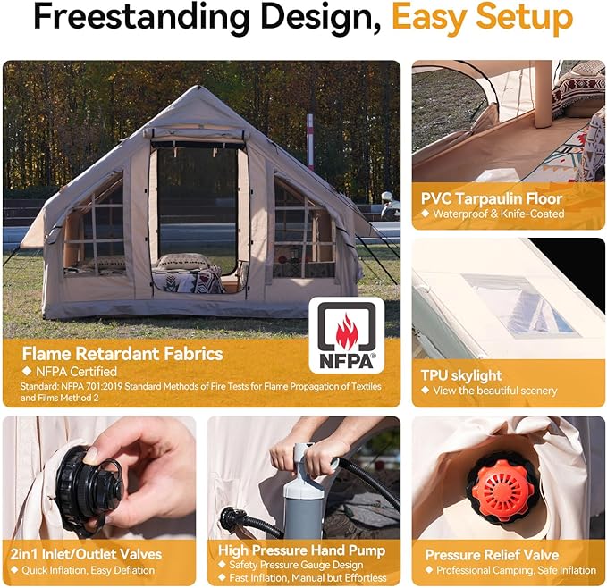 Inflatable Camping Tent with Pump,4-6 Person Waterproof Blow Up Air Tent for Camping Hiking,Easy to Set Up 4-Season Inflatable House Tent with Oversized Canopy.