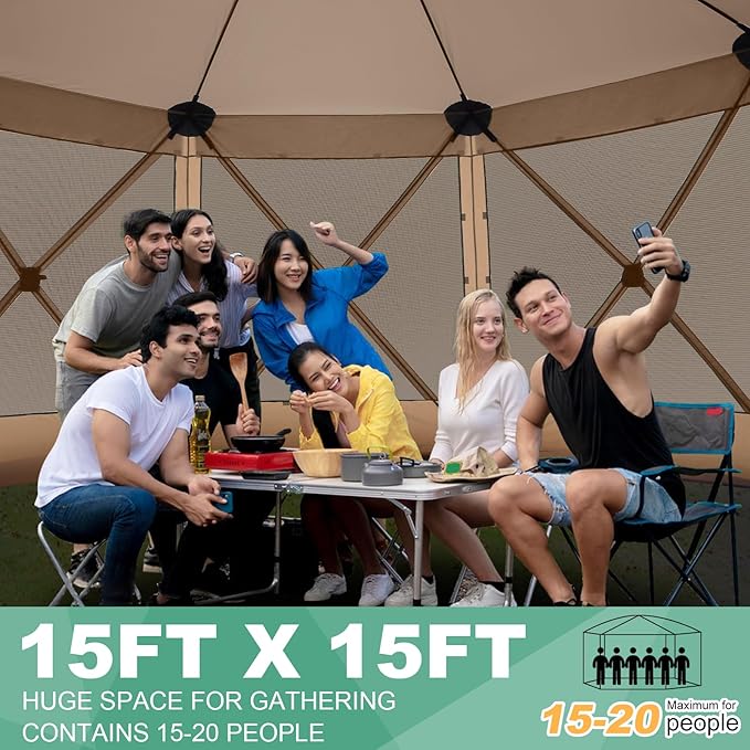 COBIZI 15x15ft Extra Large Pop Up Gazebo Canopy Tent with Mosquito Netting, Spacious Easy Set-Up Screened Shelter, Durable Outdoor Pavilion with Ground Stakes, Perfect for Patio, Backyard, Khaki