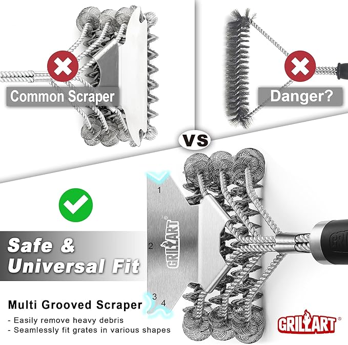 GRILLART Grill Brush and Scraper Bristle Free – Safe BBQ Brush for Grill – 18'' Stainless Grill Grate Cleaner - Safe Grill Accessories for Porcelain/Weber Gas/Charcoal Grill – Gifts for Grill Wizard