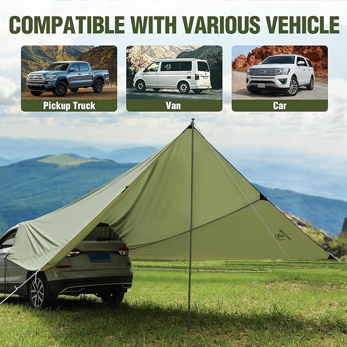 REDACMP 19ft x17ft Large Car Awning Tarp with 2 Poles & 2 Suction Cup Hooks, Waterproof Camping Tarp Hammock Rain Fly with UV Protection Sun Shelter for SUV,Van,Overland Camping,Tailgate Canopy,Green