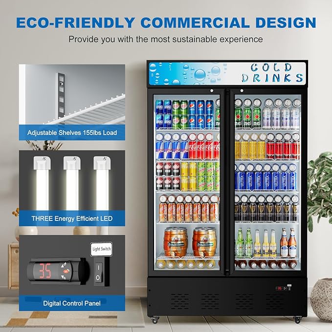 Commercial Glass Door Display Refrigerator 40 Cu.ft Cooler Commercial Display Beverage Refrigerators with LED Light and 10 Shelves for Cafe Restaurant Store Bar