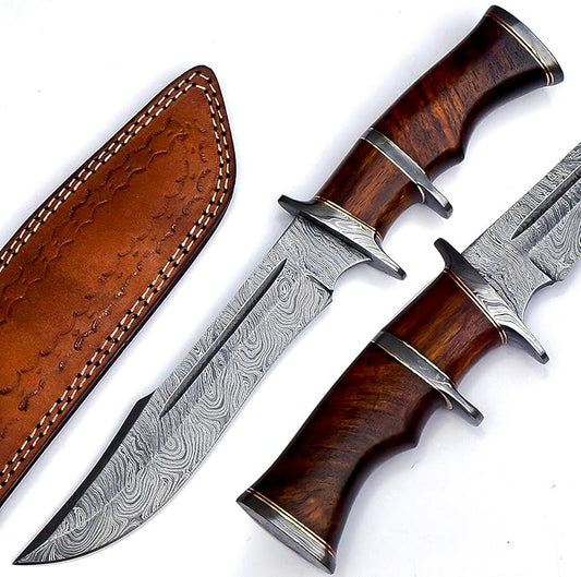 Nooraki 13" - Handmade Damascus Steel Fixed Blade Hunting Knife with Leather Sheath, Multipurpose Knife with Rosewood Handle for Everyday Carry, Outdoor Camping & Hunting Gift (RoseWood-1)