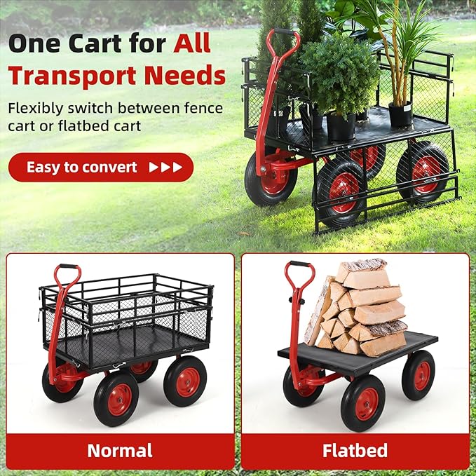 1400lbs Steel Garden Cart, Heavy Duty Yard & Garden Wagon w Removable Mesh Sides, Utility Metal Wagon Convert into Flatbed w 2-in-1 Rotating Handle, 16 inch All Terrain Wheels for Garden, Farm, Yard