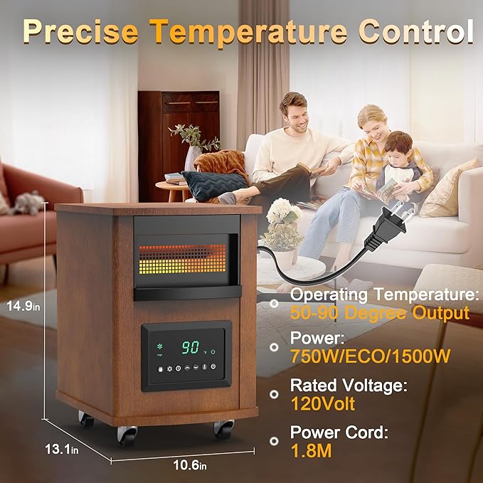 1500W Realsmart Space Infrared Heater for Indoor Use Large room Electric Quartz Heater with Remote Control Wheels LCD Display 3 Heating Modes 12H Timer Overheat Tip Over Protection Safe Coffe Brown