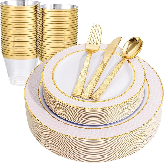 Ciaell 150PCS Pink Plastic Plates โ Disposable Pink and Gold Plates Set include 50Plates, 25Forks, 25Knives, 25Spoons, 25Cups for Wedding & Party