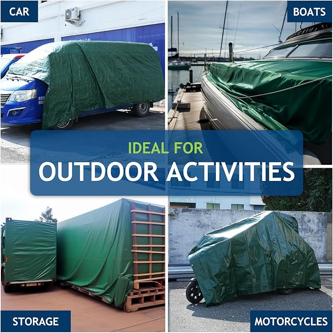 10 Mil Heavy Duty Waterproof Tarps, 10x12 Ft Finished Size Tarps, Premium Tarp with Metal Grommets & Reinforced Edge, Multipurpose Thick Tarp for Car, Boat, Roof, Camping - 2 Pack, Green
