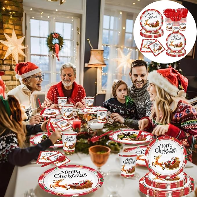 (25 Guests) 175pcs Christmas Plates and Napkins, Knives, Forks, Spoons, Cups, Disposable Dinnerware Set Paper Plates with Silverware for Christmas New Year Thanksgiving Party