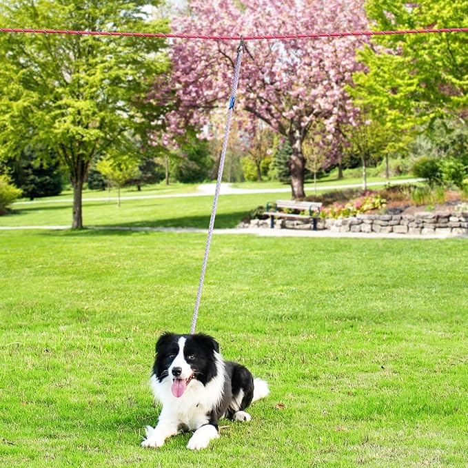 XiaZ Dog Tie Out Cable for Camping, 50ft Portable Overhead Trolley System for Dogs up to 200lbs,Dog Lead for Yard, Camping, Parks, Outdoor Events,5 min Set-up