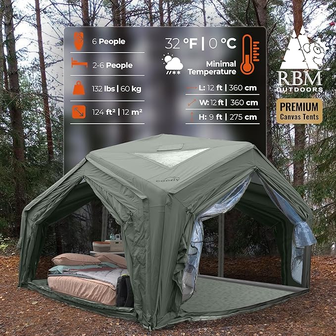 Coody | Rbm Outdoors Koala/Hub/Octopus Inflatable Tents for Camping with Stove Jack, 2/8/10 Person Luxury Canvas Blow Up Tent, 2 Room, Easy Setup Casa de Campaña, Large Inflatable House with Pump