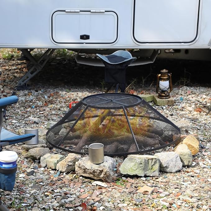 Lineslife Fire Pit Spark Screen 36 Inch Round with Removable Lid, Heavy Duty Collapsible Outdoor Fire Pit Mesh Screens, Metal Firepit Cover for Patio Backyard Beach RV Camping, Black