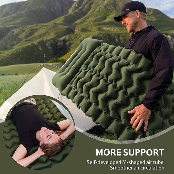 Naturehike Camping Sleeping Pad, Ultralight Inflatable Sleeping Mat with Pillow Built-in Foot Pump, 2.6 Inch Lightweight Air Mattress for Backpacking, Hiking, Traveling (Green)
