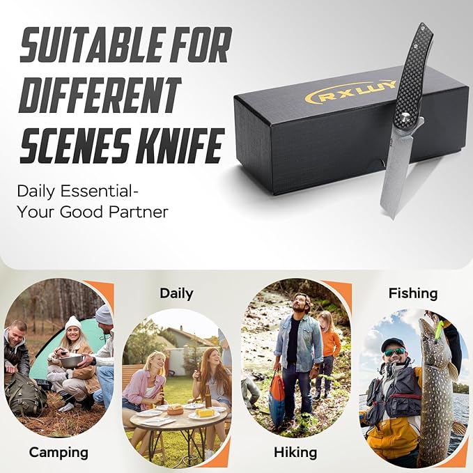 Folding Pocket Knife, 2.79” 14C28N Steel Blade Carbon Fibre Handle Flipper Liner Lock Small Praxis EDC Folding Knife, Sharp Camping Outdoor Survival Knives for Men Women (Black)