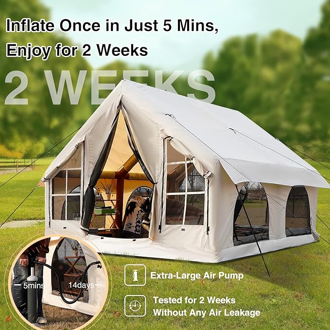 2025 Upgraded Waterproof Inflatable Camping Tent, Large Blow-Up Air Tent, No Assembly Needed Luxury Glamping House, Oxford Fabric