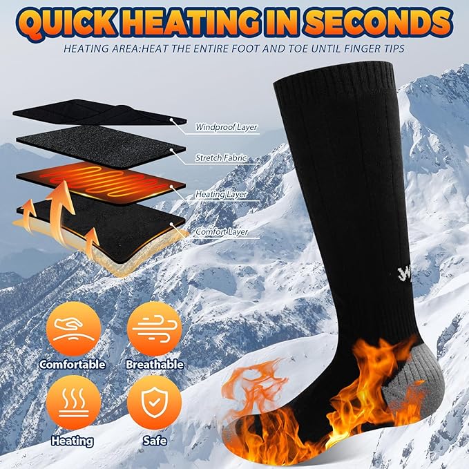 Heated Socks for Men Women, Rechargeable Electric Heated Socks, 5000mAh Washable Heated Socks, Long Life Up to 150 ℉, Large Heating Area Foot Warmer for Outdoor Work Skiing Camping Fishing Hunting