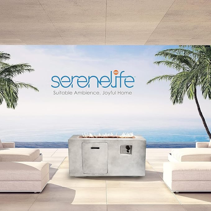 SereneLife Concrete Outdoor Propane Fire Pit Table - CSA/ETL Certified Safe 50,000BTU Pulse Ignition Weatherproof Square Propane Gas Fire Table - Adjustable Flame, Thermocouple - PVC Cover