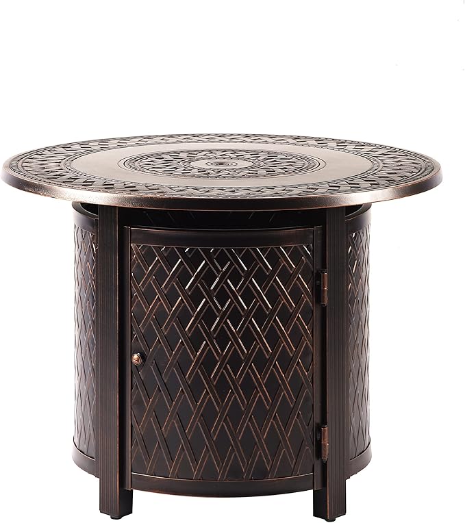 Aluminum 37,0000 BTU 34 in. Round Propane Black Fire Pit Table with Fire Beads, Lid, Propane Tank Cover and Table Fabric Covers in Copper Finish