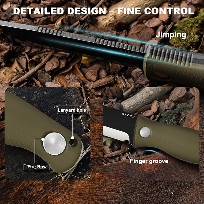 Kizer Polaris Fixed Blade Knife, 4.23" 1095 High Carbon Steel Blade Camping Knife with Green G10 Handle, Outdoor Survival Hunting Bushcraft Knives with Adjustable Sheath & Sharpener, 1100A2