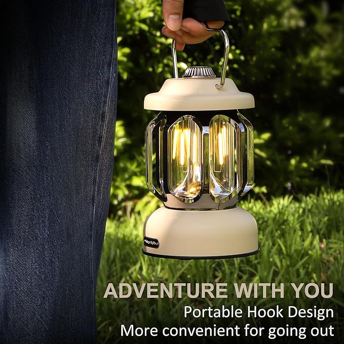 Rechargeable LED Camping Lanterns, 2000mAh Vintage Camping Lights Battery Operated Rechargeable , Hanging Retro Metal Hiking Tent Lamp for Emergency, Hurricane,Decoration,Home,White,1 Pack