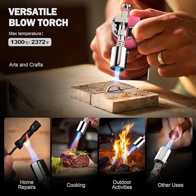 RAVS Butane Torch, Kitchen Torch Lighter for Creme Brulee with Adjustable Flame, Cooking Torch for Baking, BBQ, Desserts, Metal Mini Torch with Safety Buckle, Pink (Butane Not Included)