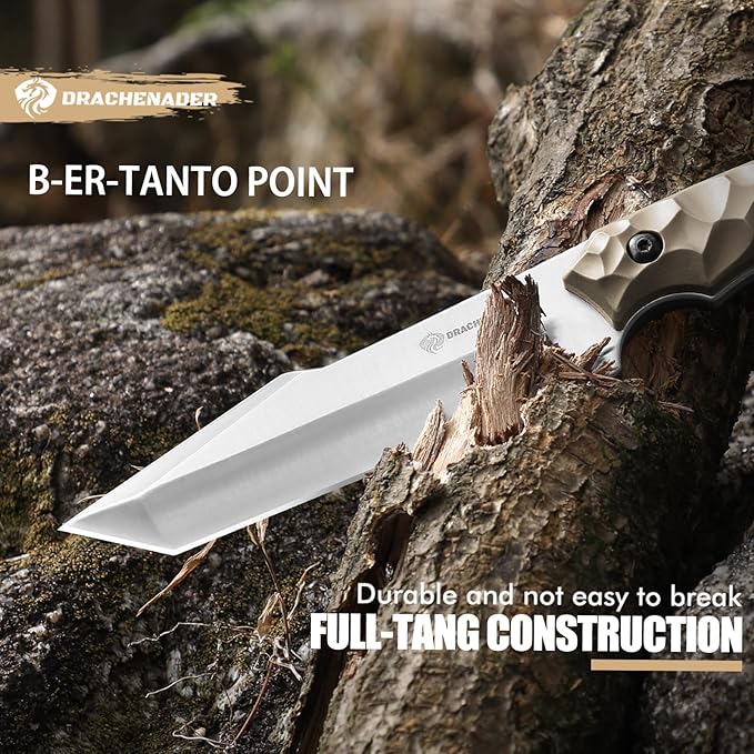 9.29“ Fixed Blade Knife with Sheath, 5.04" Blade in 5cr14mov Steel, Tactical for Men, Survival Knife with ABS Handle,Full Tang Design Khaki-Sliver