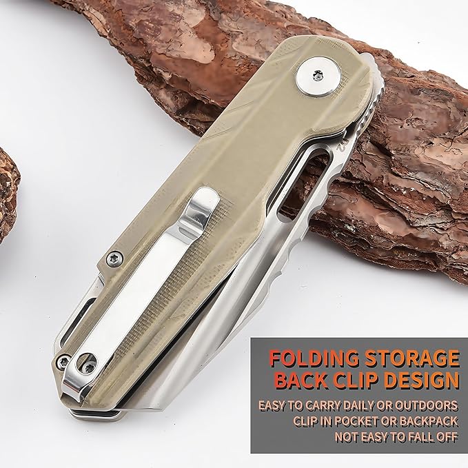Folding Pocket Knife, 3.34 "D2 Steel BladeBlade G10 Non slip Handle Suitable for Daily Carrying Camping, Hiking, Fishing A-80003-2 (Khaki)
