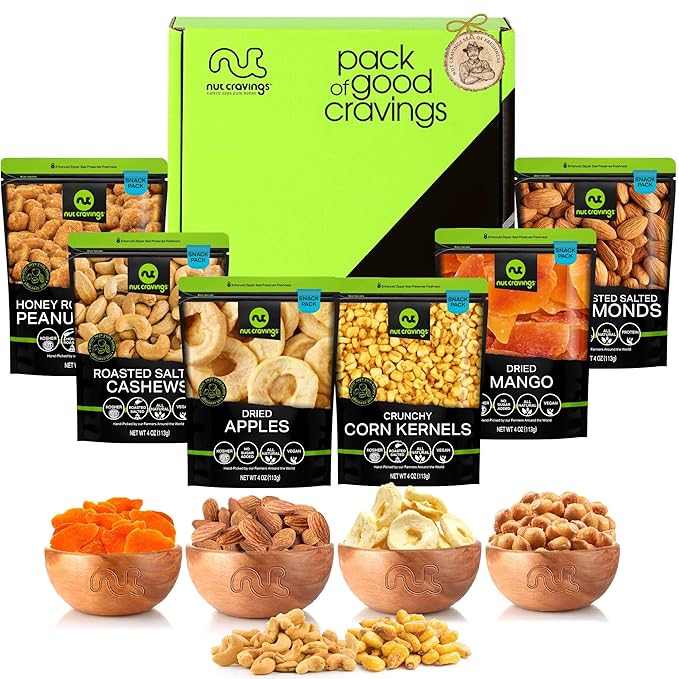 NUT CRAVINGS - Diwali Sweets Hamper Dried Fruit & Mixed Nuts Basket in Green Box (6 Assortments of 4 oz, 1.5 lb) Food Arrangement, Healthy Snack Care Package, Food Assortments