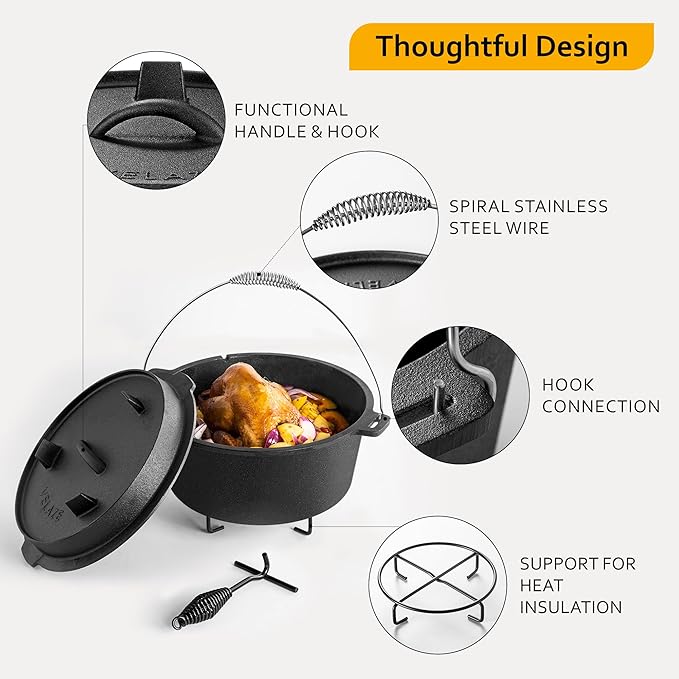 Velaze 10QT Camping Dutch Oven, Pre-Seasoned Cast Iron Camp Dutch Oven Pot with Lid, for Use in the Oven, on the Stove, Grill, or over the Campfire - Metal Handle, Lid Lifter, and Stand Support