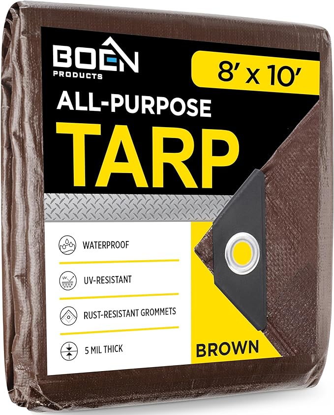 Multi-Purpose Large Tarp Waterproof Cover | Brown, 8' x 10' 5 Mil Thick | Rip Proof Tarps | Thick Weave Material, UV Resistant Great for Tarpaulin Canopy Tent, Boat, RV or Pool Cover