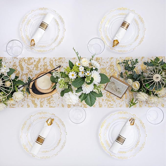 U-QE 175 Pieces Gold Plastic Plates and Napkins Party Supplies - Clear and Gold Dinnerware Set 25 Guest - 25 Dinner Plates, 25 Dessert Plates, 25 Per Rolled Napkins with Cutlery, 25 Cups 9 OZ