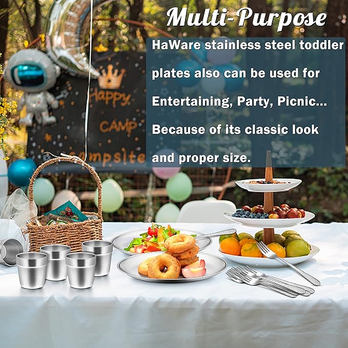 HaWare 6-Piece 18/8 Stainless Steel Plates, Metal 304 Dinner Dishes for Kids Toddlers Children, 9 Inch Feeding Serving Camping Plates, Reusable Dinnerware, Shatterproof & Non-toxic, Dishwasher Safe