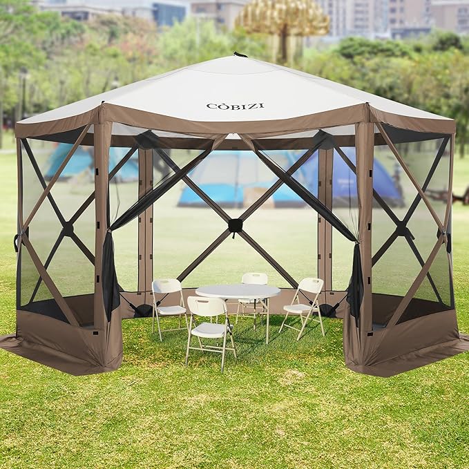 COBIZI 12x12ft Pop up Gazebo Screen Tent Screen House for Camping, Camping Outdoor Screened Gazebo with Mosquito Netting, Portable Hub Tent with Carrying Bag and Ground Stakes, Brown(Upgraded 2.0)