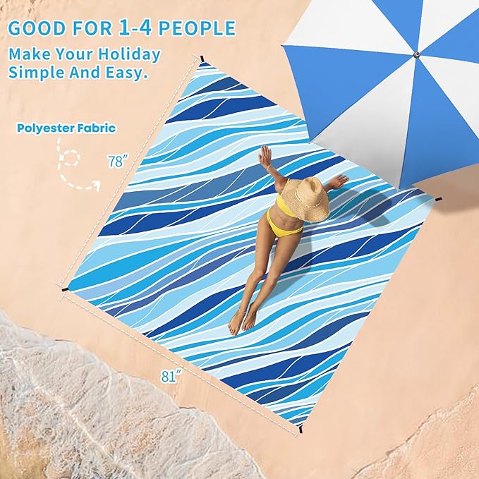 BYDOLL Beach Blanket Waterproof Sandproof 78''ร81'' Suits1-4 Adults Compact Lightweight Oversized Sand-Free Blanket Large Picnic Mat for Beach Travel Camping Hiking