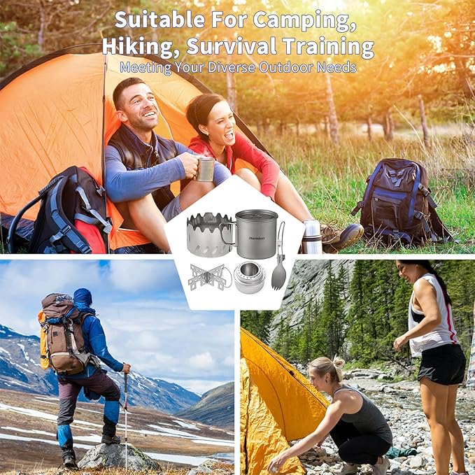 Titanium Camping Cookware 500ml Titanium Cup with Alcohol Stove, Cross Stand, Windscreen & Folding Spork, Lightweight Portable Outdoor Camping Stove and Cup Set for Backpacking Hiking