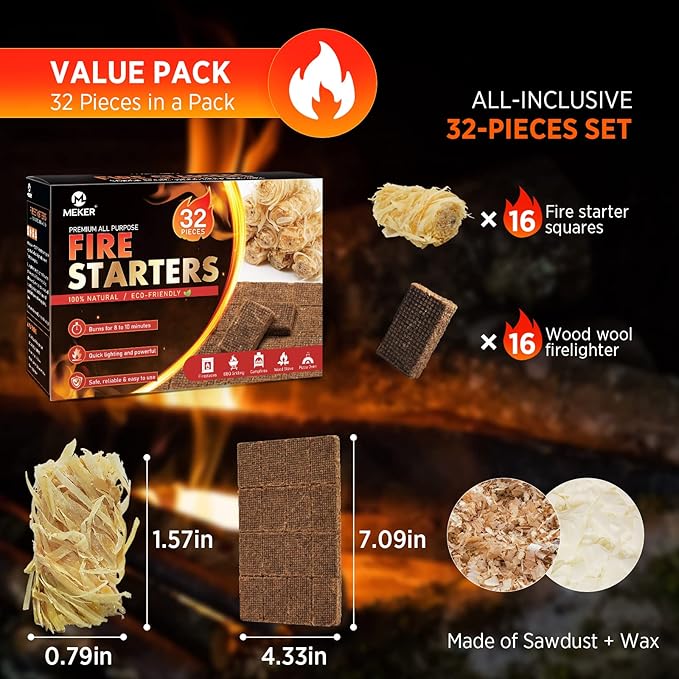 Fire Starters - Natural Fire Starters for Fireplace, Campfires, Fire Pit, BBQ Grill, Wood Stove, All Weather Charcoal Starter, Odorless Fire Starter Eco Friendly