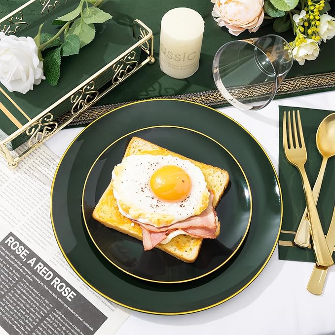 NOCCUR 350PCS Green Plastic Plates - Disposable Green Gold Dinnerware Set for 50 Guests, 100 Dinner/Dessert Plates, 150 Gold Silverware, 50 Cups&50 Napkins for Party/Wedding/Birthday/Christmas