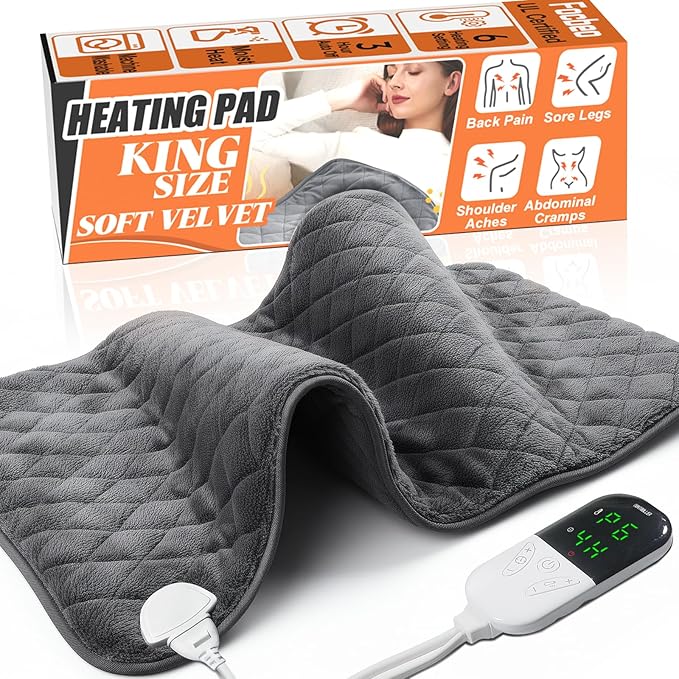 Electric Heating Pad for Pain Relief - 35"x20" King Size, Soft Velvet, Moist & Dry Heat, Adjustable Temperature, Auto Shut-Off, Machine Washable, Ideal for Back, Neck, Shoulder & Menstrual Cramps