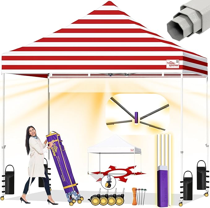 Tradesparker 10x10 Pop Up Canopy Tent,Easy up Commercial Canopy Tent Instant Shelter for Beach Events Parties Camping Market,Pop Up Canopies with LED Curtain+Casters+Weight+Stakes,White&Red
