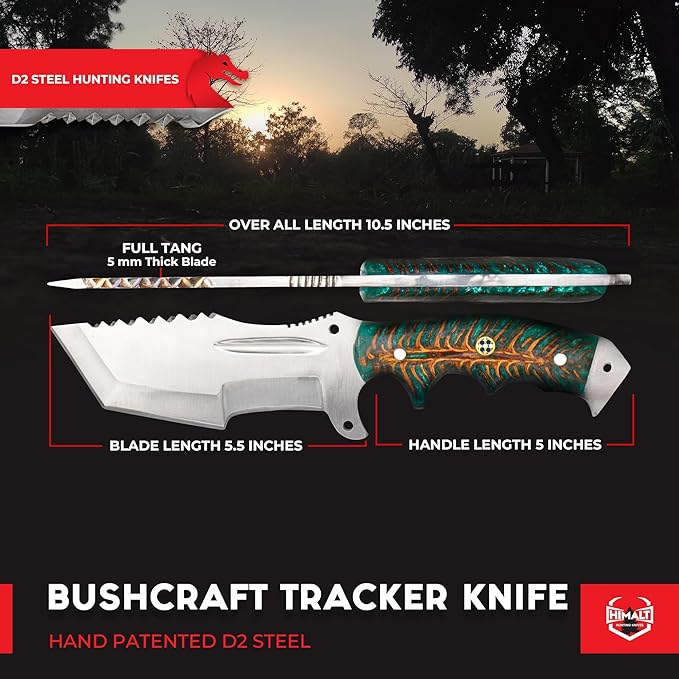 10"Handmade D2 Steel Tracker knife- Fixed Blade, Bushcraft, Hunting, Survival Knife With Sheath-Pine Cone Acrylic Resin Handle-Full Tang-Ideal For EDC, skinning,camping, Outdoor-Best Hunting Knives For Men.