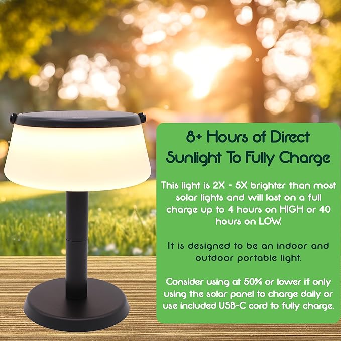 2-in-1 Portable Solar Power LED Table Lamp & Lantern - Indoor/Outdoor - Stepless Dimming - Rechargeable Battery - 330 lumens, 2700K - IP44 Weather Resistant - Black - 1 Pack