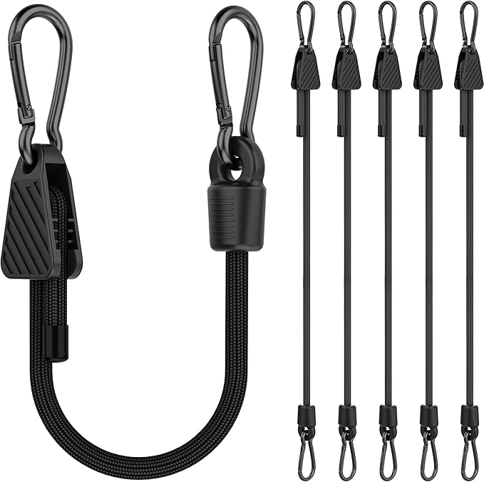 Upgraded Adjustable Bungee Cords with Hooks, 6 Pack Heavy Duty Outdoor Carabiner Bungee Cord, Black Super Elastic Bungee Straps Easily Adjust from 7" to 18", Great for Camping, Tarps, Bike Racks, Tent