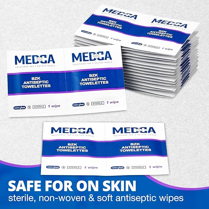 Hand Wipes – (Pack of 100) Benzalkonium Chloride Swabs Individual BZK Single-Use Packets by MEDca