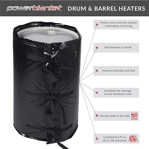 Powerblanket BH55RR-80 Industrial Grade/Weather Resistant D-15 Vinyl Shell 55 gal Insulated Drum Heating Blanket, Fixed Internal Thermostat 80 Degree F, Barrel Heater, Black