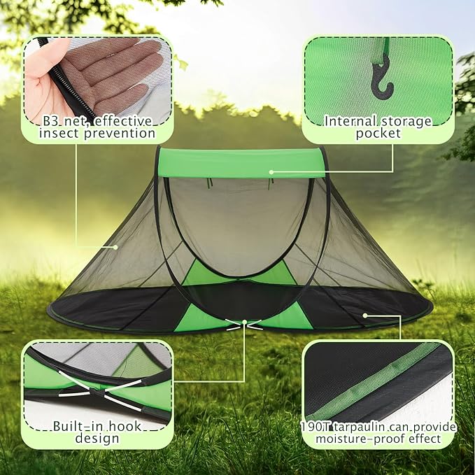 Pop up Mosquito Net Tents for Camping Instant Netting Screen Foldable Pop Tent with Ground Pin Waterproof Freestanding Insect Summer Bed Protection (86.61 x 41.34 x 35.43 inches,Green,1 Pcs)