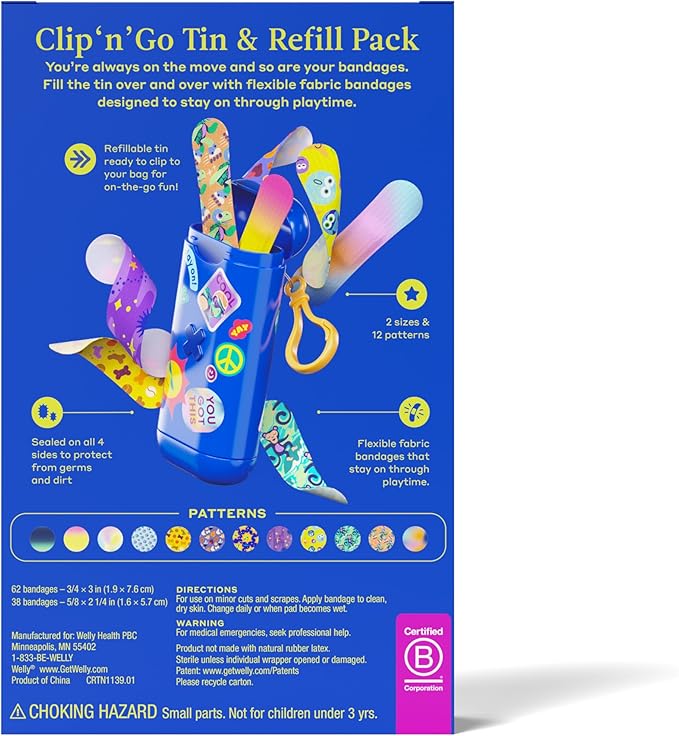 Welly Bandage Clip N' Go Tin & Refill Pack | Adhesive Flexible Fabric Bandages and Tin | Assorted Shapes and Patterns for Minor Cuts, Scrapes, and Wounds - 100 Count