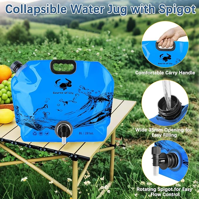 Camping Water Jug 2.1 Gallon CollapsibleWater Container Portable Water Bag for TravelOutdoor Hiking BPA Free Lightweight (Blue (2.1 Gal), 4)