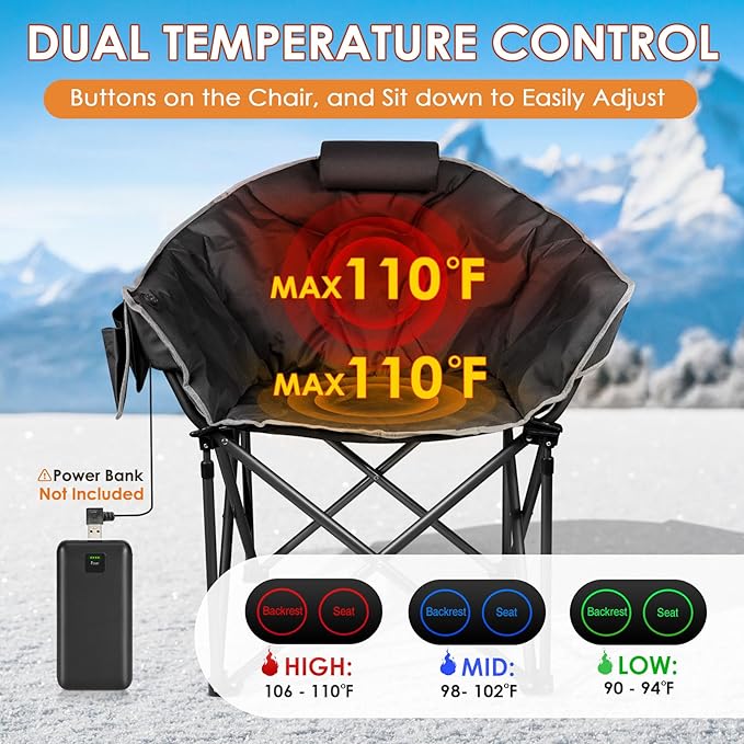 Suteck Oversized Heated Camping Chair - Fully Thicker Padded Heated Chairs for Outdoor Sports W/3 Heat Levels for Back & Seat, Heated Folding Chair for Adults with Carry Bag- Battery NOT Included