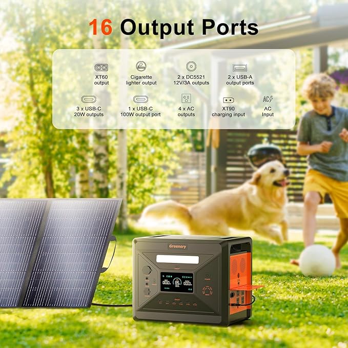 Greenery Portable Power Station 2500W/2304Wh LiFePO4 Battery With 400W Panel, Solar Generator with Fast Charge, Emergency Power for Home & Outdoor Power Supply