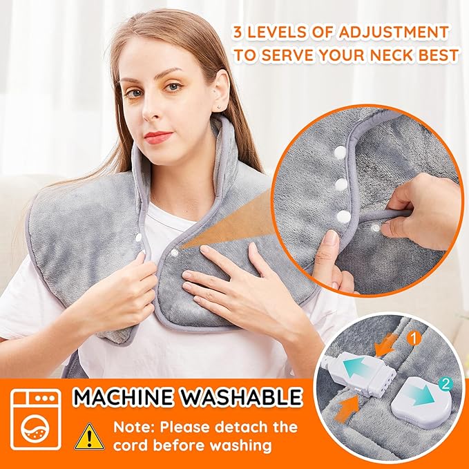 Mia&Coco Electric Heating Pad for Back Neck Shoulders Pain Relief, XL 23"x39" Soft Flannel Wrap, Waist Strap, Fast Heat Hot Therapy 6 Heat Settings, Auto-Off Timer, Machine Washable, Grey