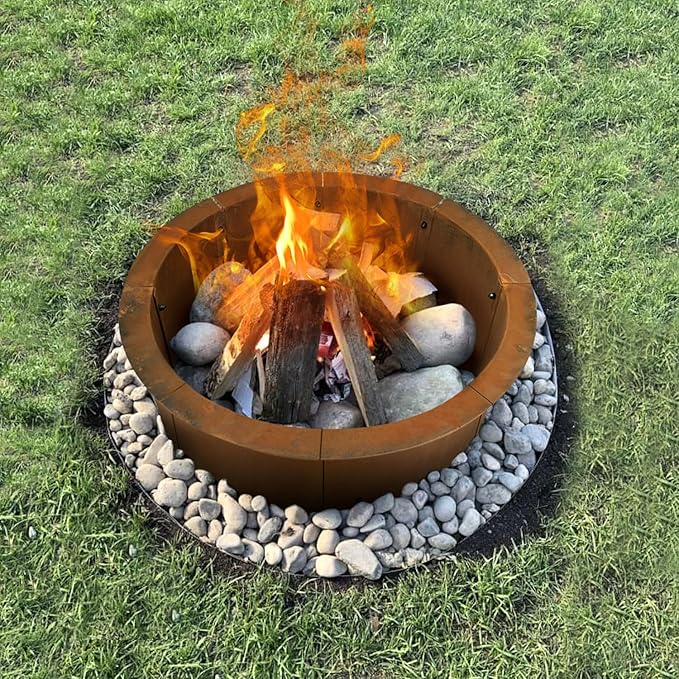 Fire Pit Ring Outdoor Wood Burning Fire Pit Liner 43.3 Inch Camping Fire Ring Corten Steel Firepit Ring Heavy Duty Campfire Ring Above or In-Ground for Bonfire Outdoor Backyard
